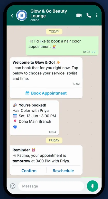 WhatsApp chat: the customer asks to book, the business replies with a Book Appointment button, then a booking confirmation and a reminder arrive