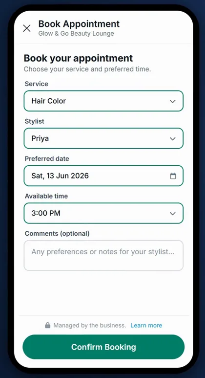 WhatsApp booking form with service, stylist, preferred date and available time