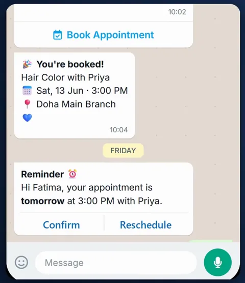 Booking confirmation message followed by an appointment reminder the day before